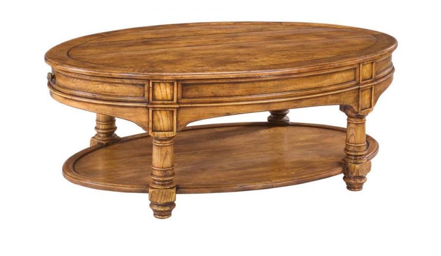 Coffee Tables High End Furniture Oval Cocktail Table 2 Drawers Aged Tobacco Finish