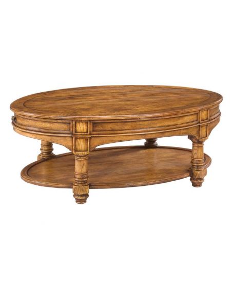 High End Furniture Oval Cocktail Table 2 Drawers Aged Tobacco Finish