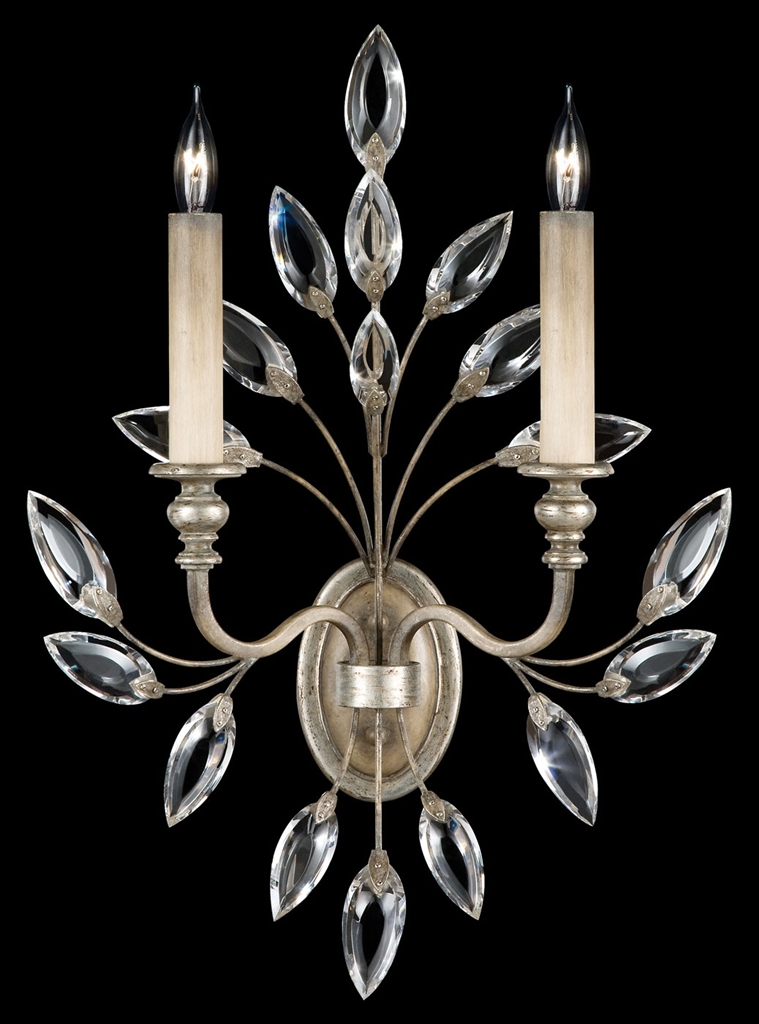 Lighting Sconce in antiqued warm silver leaf with stylized faceted crystal leaves