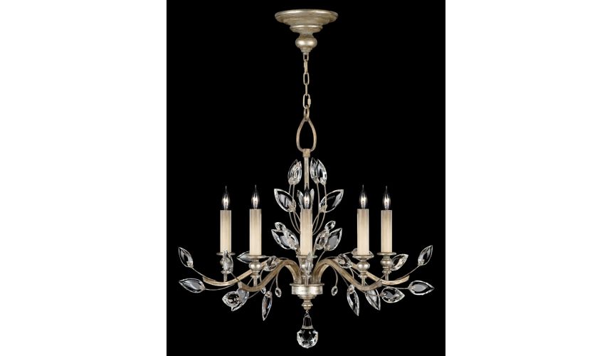 Lighting Chandelier in antiqued warm silver leaf with stylized faceted crystal leaves