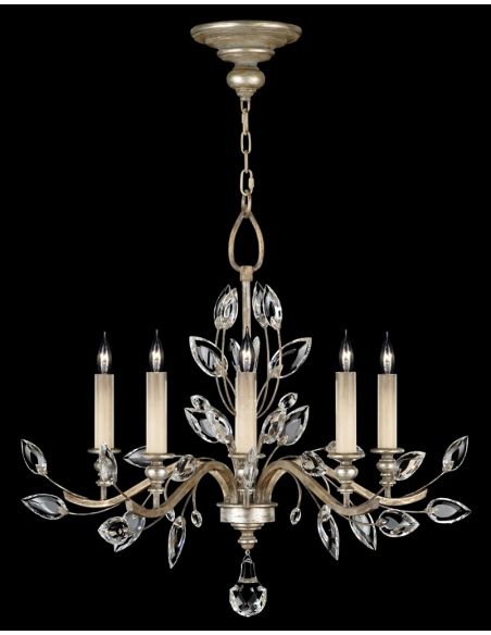 Chandelier in antiqued warm silver leaf with stylized faceted crystal leaves