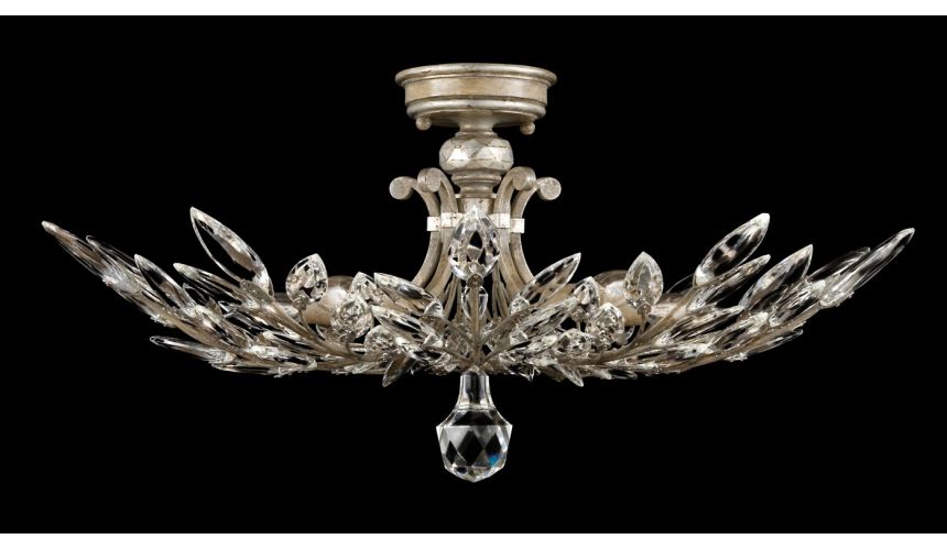 Lighting Semi-flush in antiqued warm silver leaf with stylized faceted crystal leaves