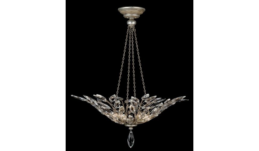 Lighting Pendant in antiqued warm silver leaf with stylized faceted crystal leaves