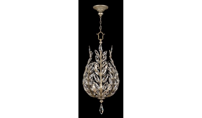 Lighting Lantern in antiqued warm silver leaf with stylized faceted crystal leaves