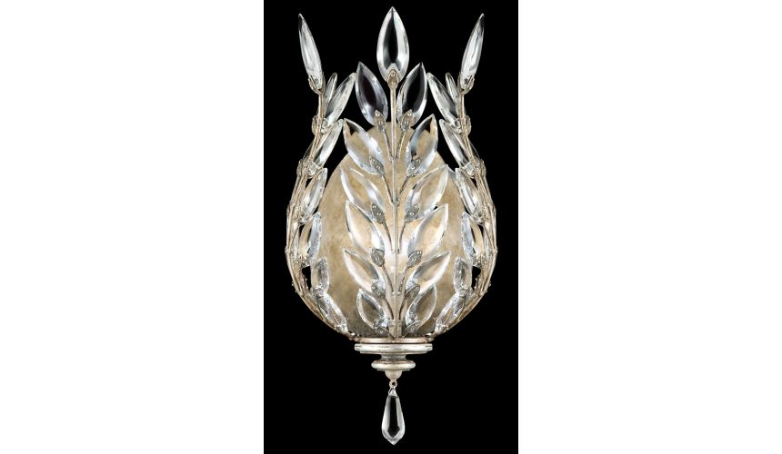 Lighting Coupe in antiqued warm silver leaf with stylized faceted crystal leaves