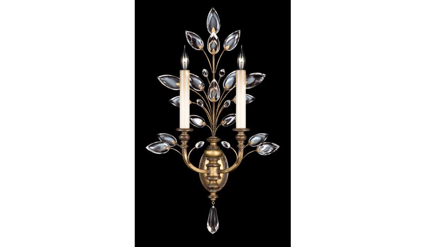 Lighting Sconce in gold leaf with stylized faceted crystal leaves