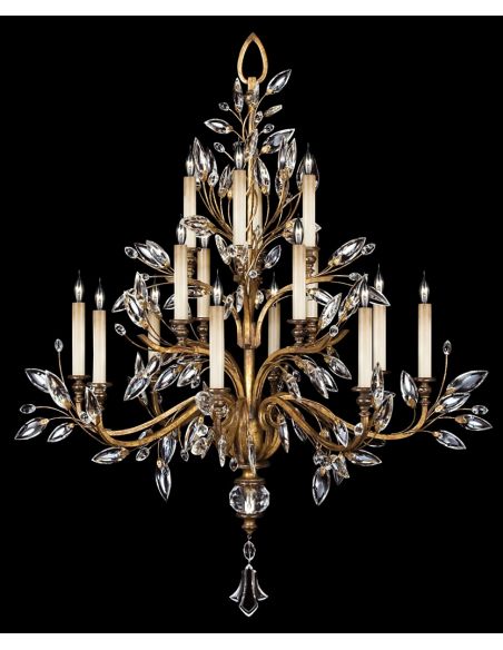 Chandelier in gold leaf with stylized faceted crystal leaves