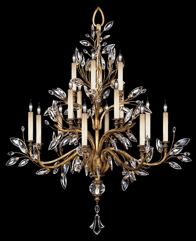 Lighting Chandelier in gold leaf with stylized faceted crystal leaves