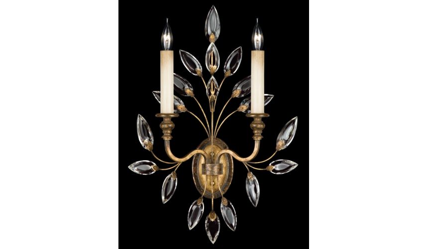 Lighting Sconce in antiqued warm gold leaf with stylized faceted crystal leaves