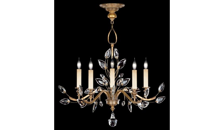 Lighting Chandelier in gold leaf with stylized faceted crystal leaves