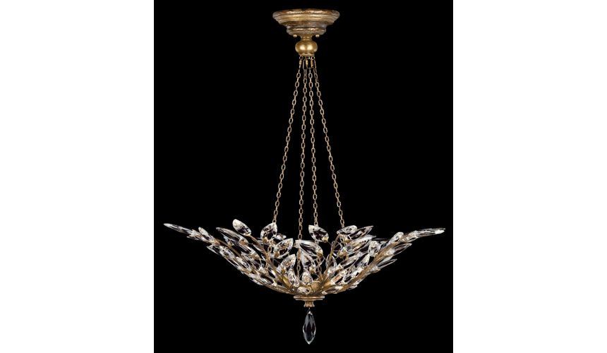 Lighting Pendant in antiqued warm gold leaf with stylized faceted crystal leaves