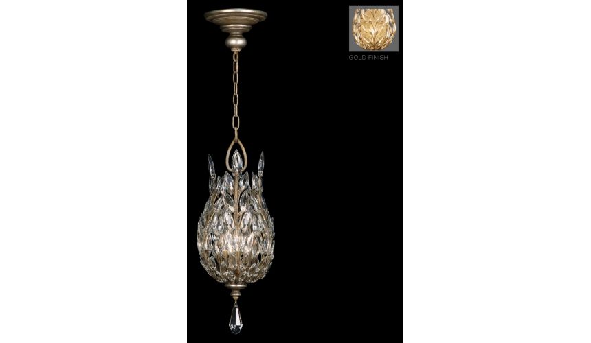 Lighting Lantern in antiqued gold leaf finish with stylized faceted crystal leaves