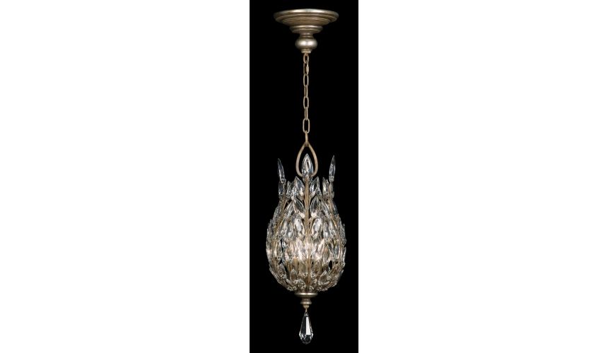 Lighting Lantern in antiquated warm silver leaf finish with stylized faceted crystal leaves