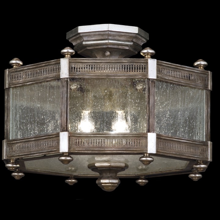 Lighting Semi flush mount in hand painted driftwood finish on metal with silver leafed accents