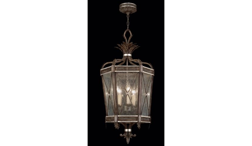 Lighting Lantern in hand painted driftwood finish on metal with silver leafed accents