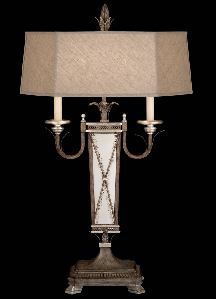 Lighting Table lamp in hand painted driftwood finish on metal with silver leafed accents