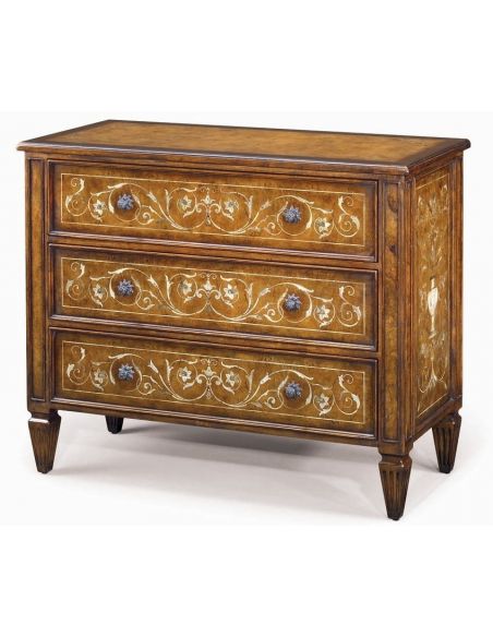 Burl and rosewood chest of drawers. The original Louis XVI.