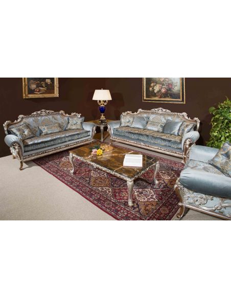 Luxury Leather & Upholstered Furniture Baby blue sofa and arm chair. Handmade in Europe.