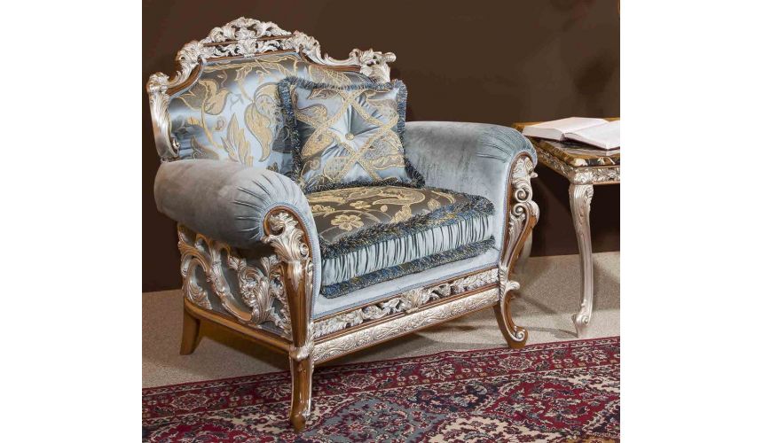 Luxury Leather & Upholstered Furniture Baby blue sofa and arm chair. Handmade in Europe.