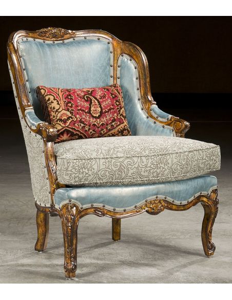 Blue Leather and Fabric Carved Frame Chair