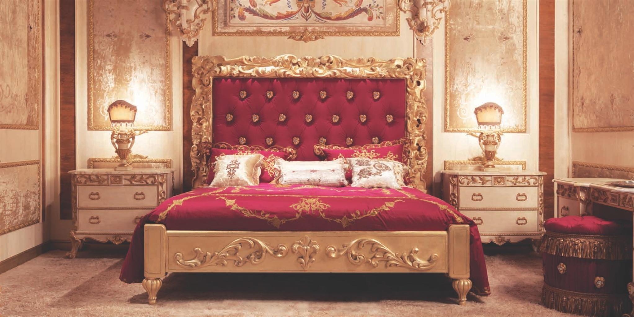BEDS - Queen, King & California King Sizes Red Italian Style Master Bed with Tufted Headboard