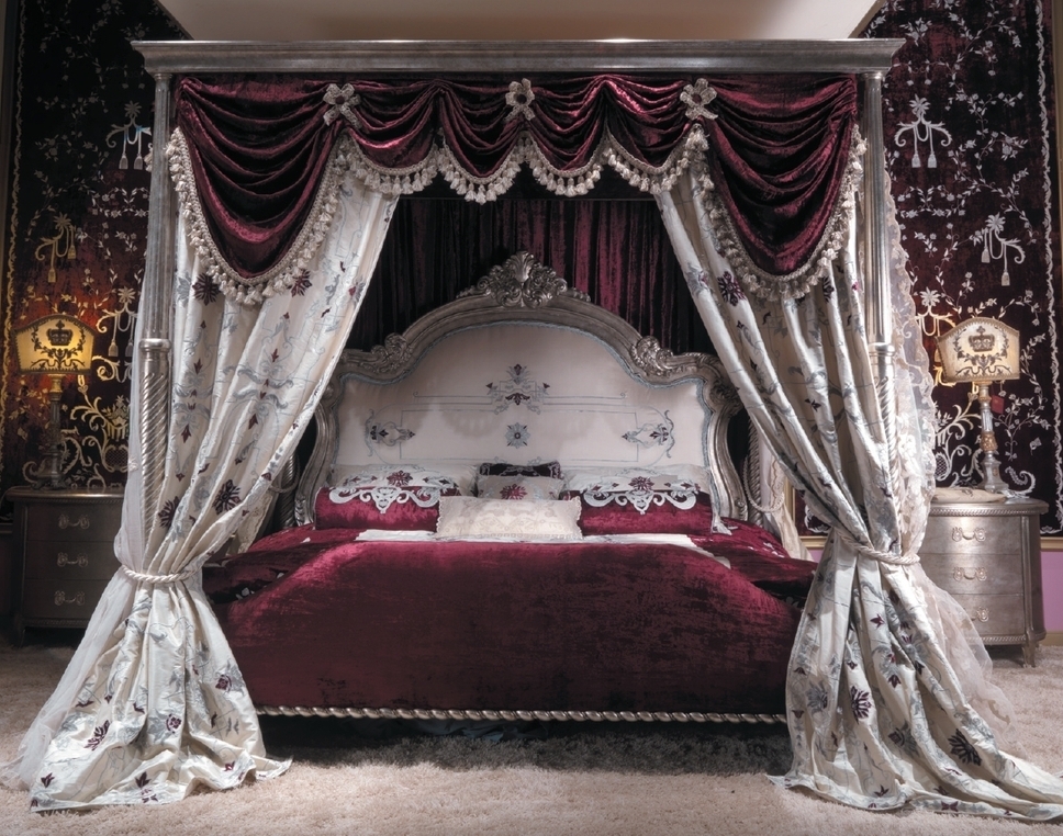 LUXURY BEDROOM FURNITURE Master bed with canopy and embroidered headboard. Scarlet red