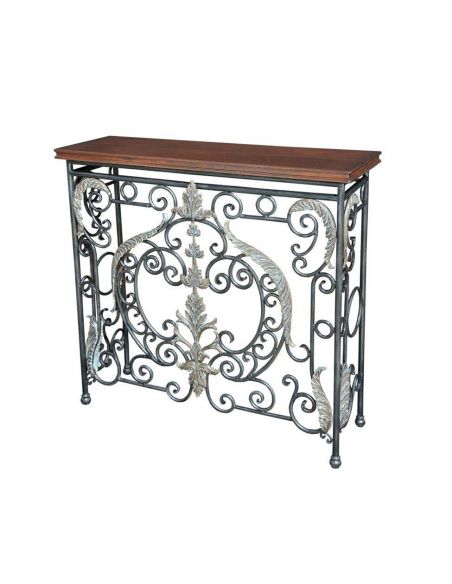 Console With Wrought Iron Brass Accents, Wrought Iron Wood Console Table