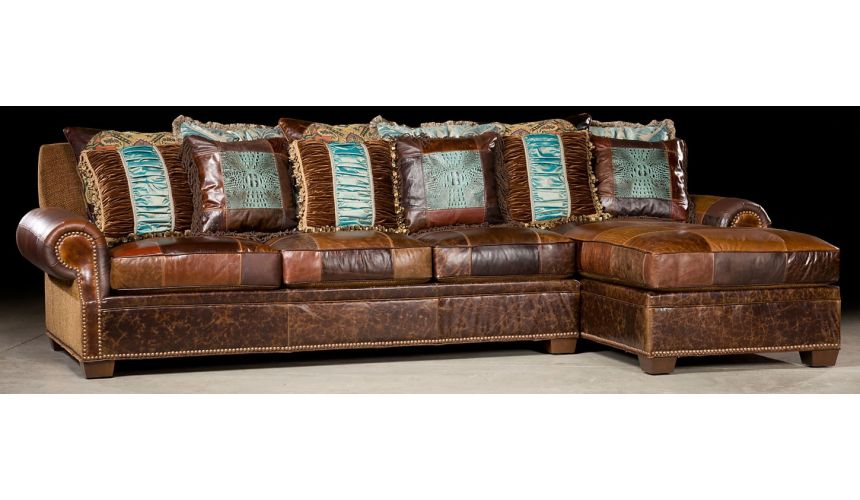 Luxury Leather & Upholstered Furniture Couch with chaise lounge. High end furniture and furnishings. 46