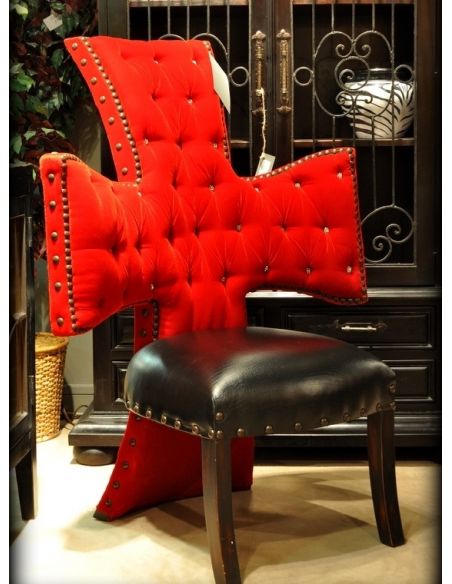 Cross chair, tufted red velvet and black leather seat