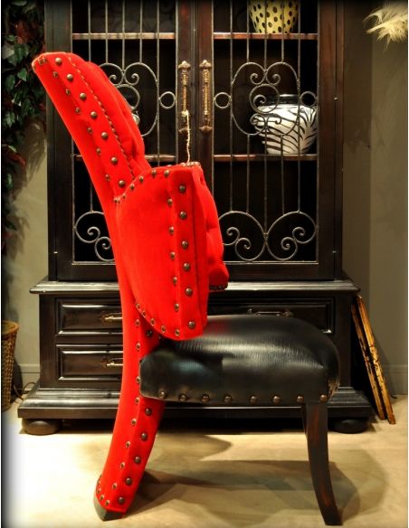 Luxury Leather & Upholstered Furniture Cross chair, tufted red velvet and black leather seat