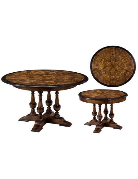 Dining table, foyer center table with self storing leaves, Oyster Veneer Inlay.