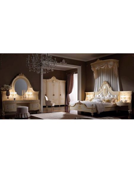 Queen and King Sized Beds Elegant master bedroom with drapery crown.