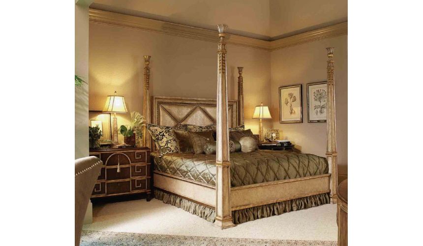Queen and King Sized Beds Four Poster Bed, Embossed Leather headboard.