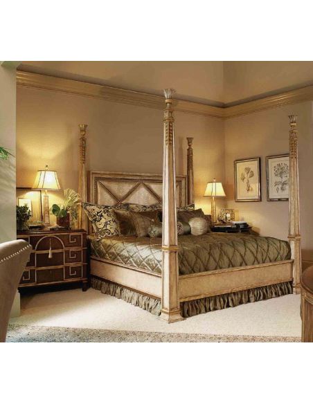 Four Poster Bed Embossed Leather, King Size Bed With Big Post