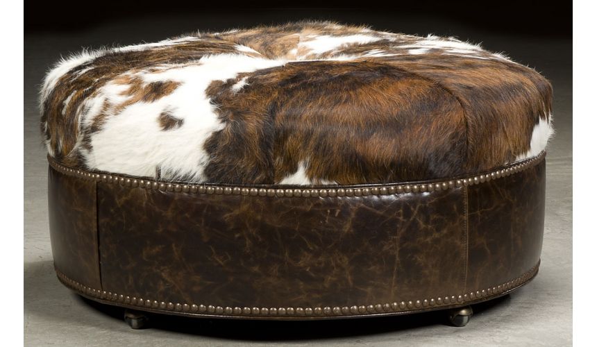 Luxury Leather & Upholstered Furniture Grand home round hair on hide ottoman. 62