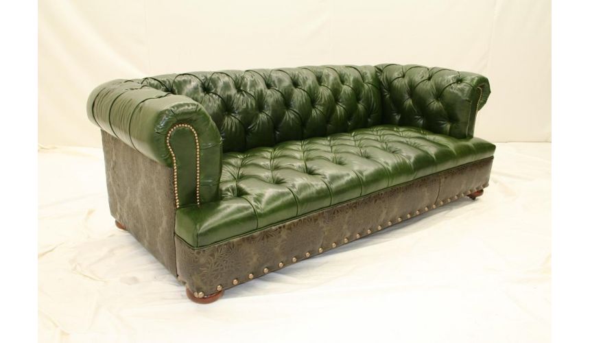 End Furnishings Green Leather Tufted Sofa, Green Tufted Sofa