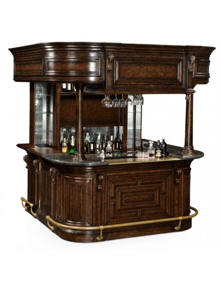Home bar. Oak wood, granite top with brass rail and canopy