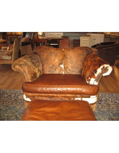 Hunting lodge furniture, hair hide and twisted leather fringe, chair