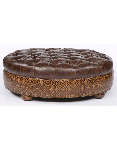 Large round tufted leather ottoman. American furniture.
