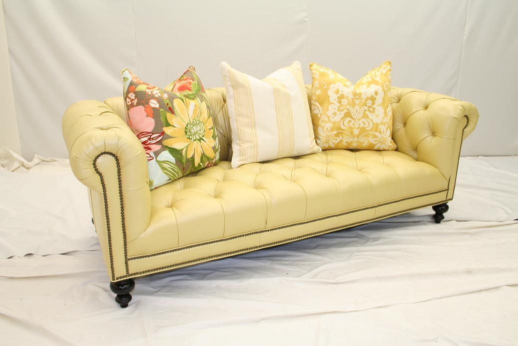 Cream Yellow Leather Chesterfield Sofa, Yellow Leather Living Room Furniture