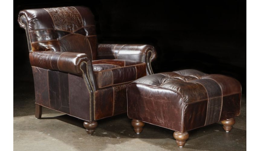 Leather patches chair and ottoman, embossed diamond pattern