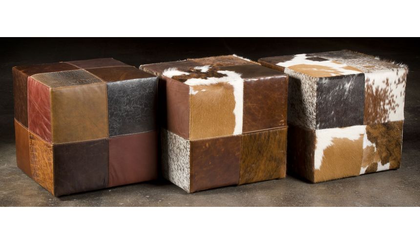 Luxury Leather & Upholstered Furniture Leather patches cube ottoman. 213