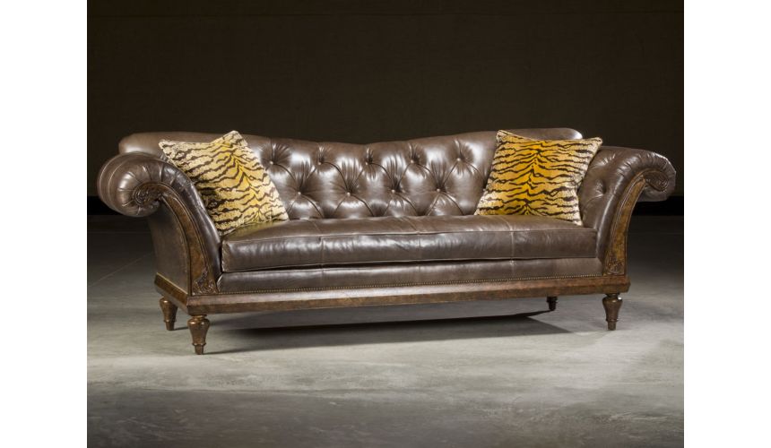 Luxury Leather & Upholstered Furniture Leather Tufted Carved Sofa. Stylish Decor