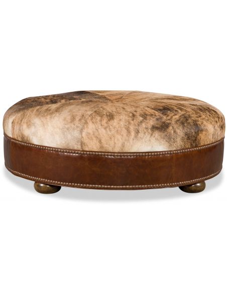 Round Ottoman Stool Leather & Fabric Upholstered