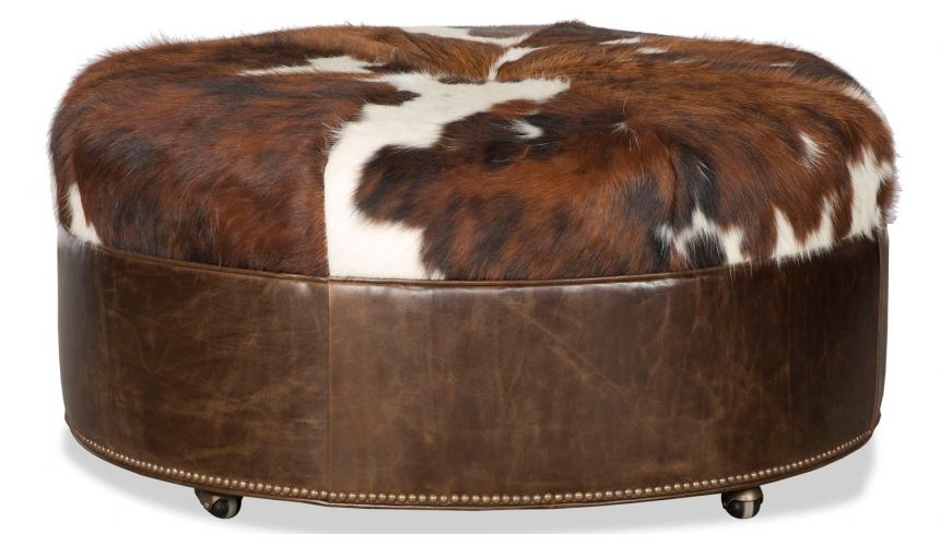 Luxury Leather & Upholstered Furniture Brown Leather Ottoman Tool with Fur Top