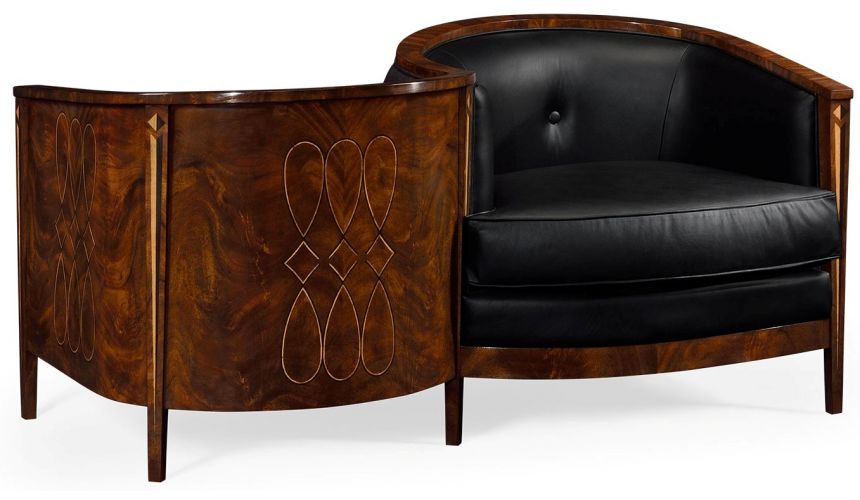 CHAIRS, Leather, Upholstered, Accent Biedermeier Style Serpentine Loveseat with Black Upholstery