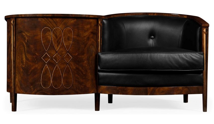 CHAIRS, Leather, Upholstered, Accent Biedermeier Style Serpentine Loveseat with Black Upholstery