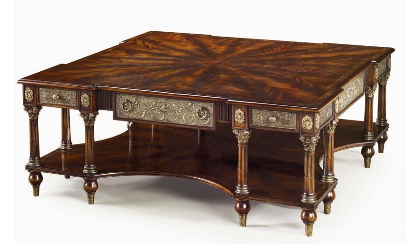 Coffee Tables Luxury cocktail table, mahogany and brass panels, Corinthian capitals