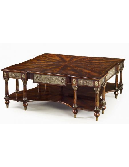 Luxury cocktail table, mahogany and brass panels, Corinthian capitals