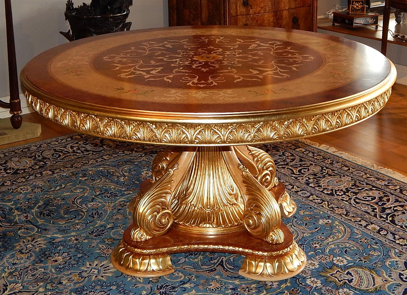 Dining Tables 11 Luxury foyer center table. Exquisite marquetry and detail work.